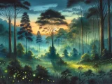 A watercolour painting of a forest filled with Fireflies at Dawn
